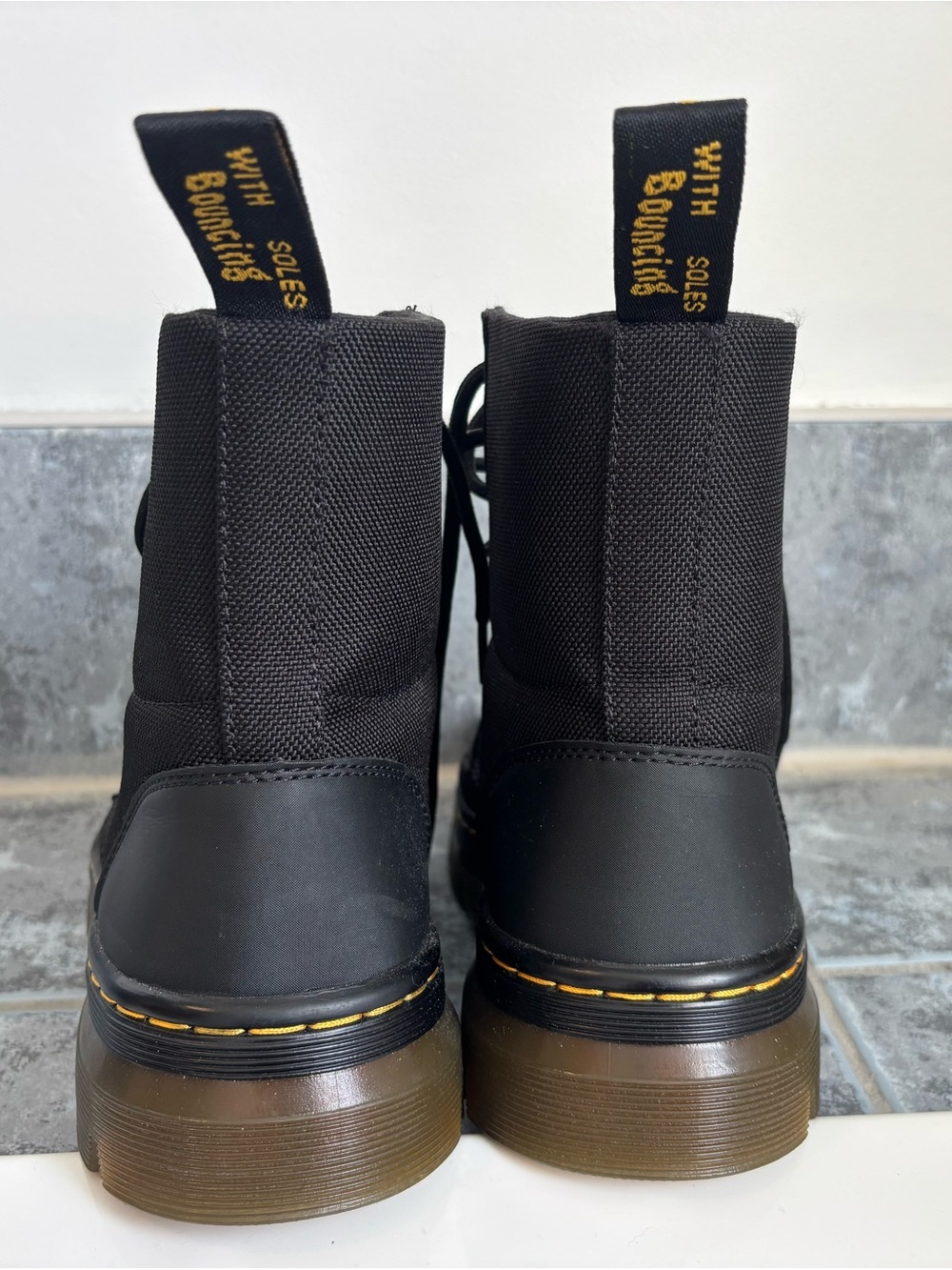Dr. Martens Black Lace-Up Canvas Combat Boots with Yellow Stitching - Picture 4 of 9